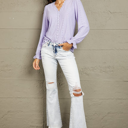 Mandy Eyelet V-Neck Flounce Sleeve Blouse