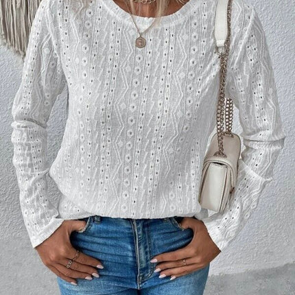 Eyelet Round Neck Long Sleeve Blouse