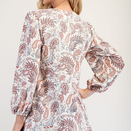 Celeste Full Size Paisley Round Neck Balloon Sleeve Top