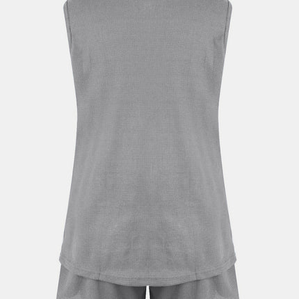 Full Size Waffle-Knit Notched Top and Shorts Set