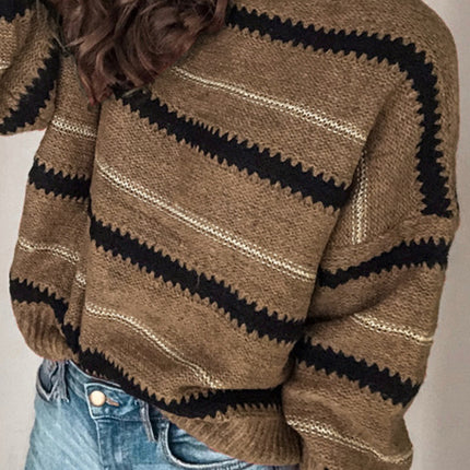 Contrast Striped Round Neck Long Sleeve Sweater