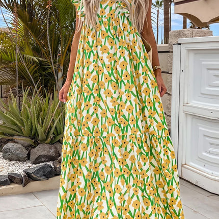 Ruffled Printed Cap Sleeve Midi Dress