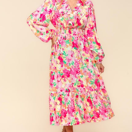 Haptics Full Size Floral Surplice Balloon Sleeve Dress with Side Pockets