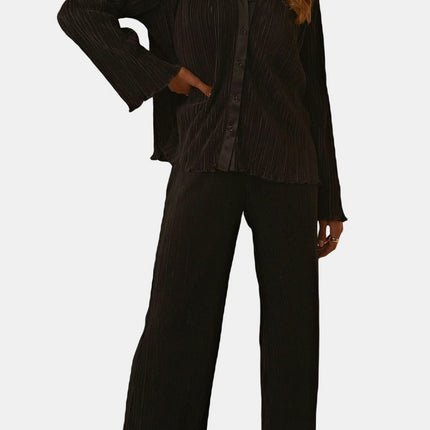 Textured Button Up Collared Neck Top and Pants Set