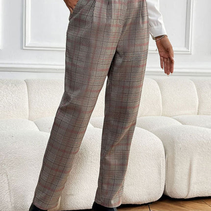 Perfee Plaid Straight Pants with Pockets