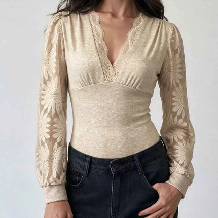 V-Neck Lace Trim Floral Mesh Sleeve Bodysuit
