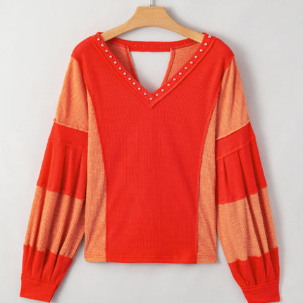 Studded Waffle-Knit V-Neck Long Sleeve Top