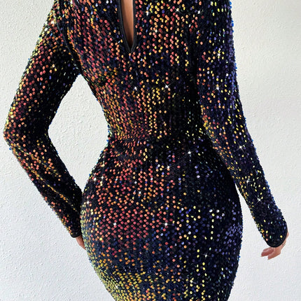 Sequin Round Neck Long Sleeve Mini Dress