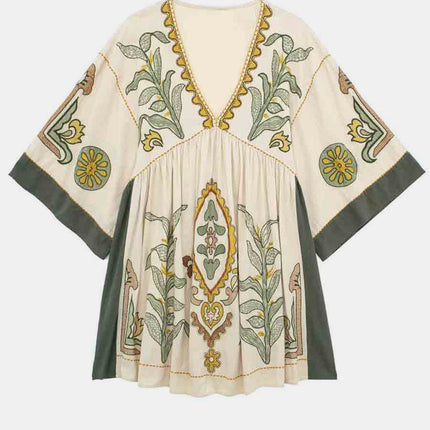 Printed V-Neck Three-Quarter Sleeve Mini Dress - Vickie Lynn's