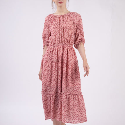 VERY J Floral Round Neck Tiered Midi Dress