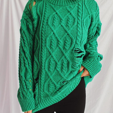 Distressed Cable-Knit Round Neck Long Sleeve Sweater