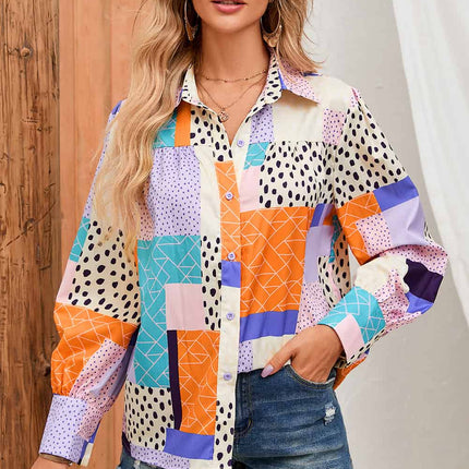 Double Take Patchwork Puff Sleeve Collared Shirt