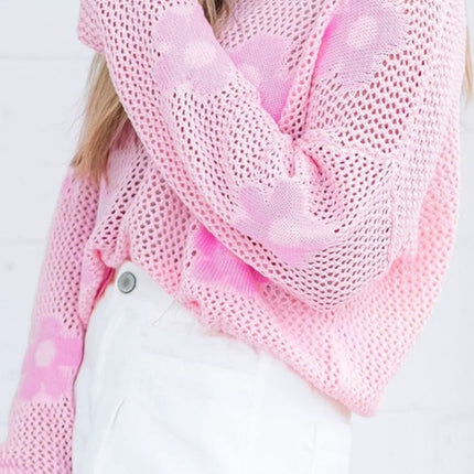 Flower Boat Neck Long Sleeve Knit Cover Up