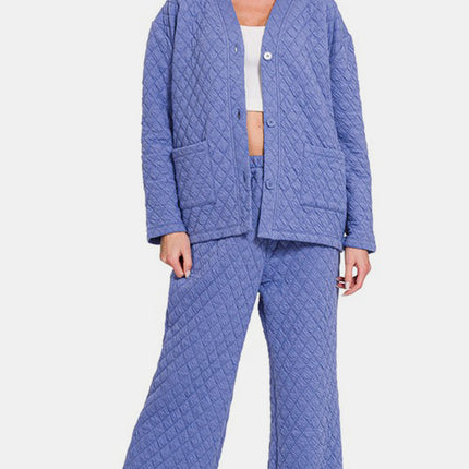 Zenana Quilted Button Up Long Sleeve Top and Pants Lounge Set