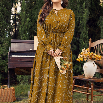 Plus Size Ruffled Polka Dot Long Sleeve Midi Dress