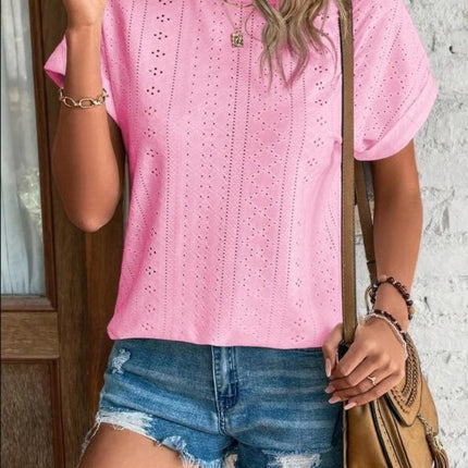 Eyelet Round Neck Short Sleeve T-Shirt