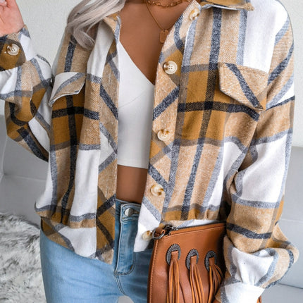 Plaid Collared Neck Long Sleeve Jacket