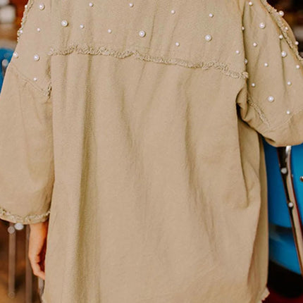 Raw Hem Pearl Trim Dropped Shoulder Denim Jacket - Vickie Lynn's