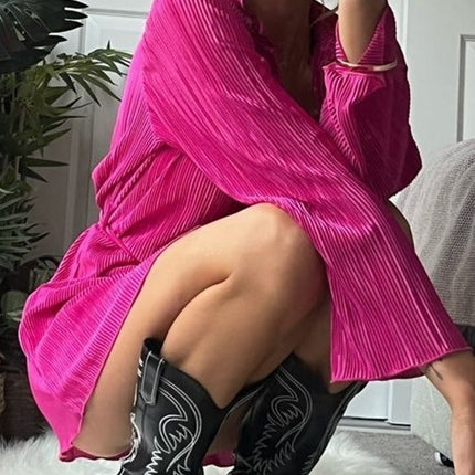 Tied Button Up Long Sleeve Dress