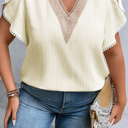 Plus Size V-Neck Petal Sleeve Blouse