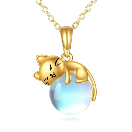 14K Gold Moonstone Cat Necklace - Adorable Kitty Pendant with 16 Chain for Happiness & Joy