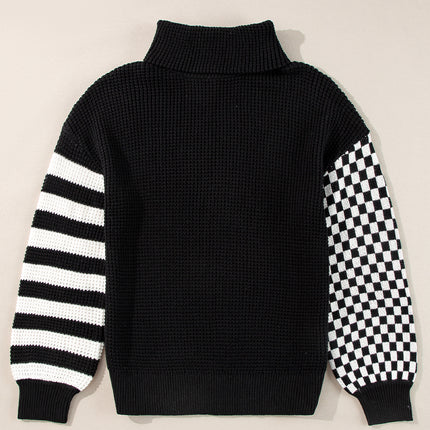 Striped & Checkered Turtleneck Dropped Shoulder Sweater