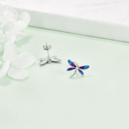 925 Sterling Silver Purple Blue Enamel Dragonfly Stud Earrings  for Women