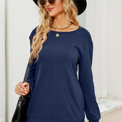 Ruched Shoulder Round Neck Long Sleeve Sweatshirt