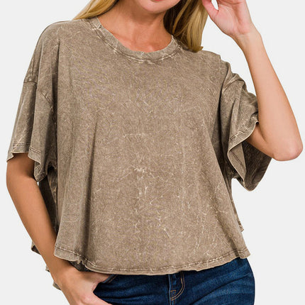 Zenana Washed Round Neck Drop Shoulder Cropped T-Shirt