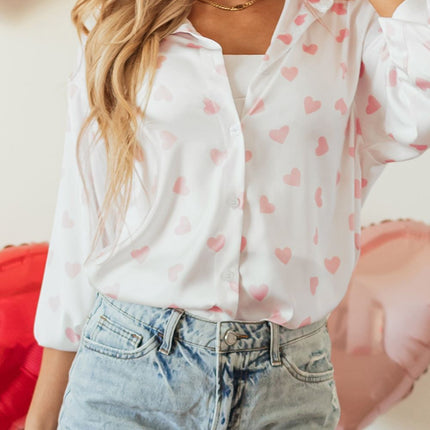 Heart Print Collared Neck Long Sleeve Shirt