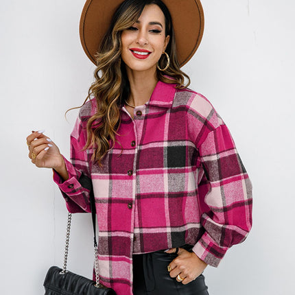 Shiny Plaid Button Up Collared Neck Jacket