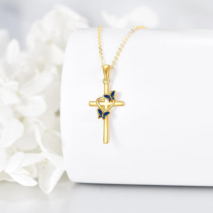 14K Gold Cross Butterfly Pendant Necklace for Women Blue Enamel