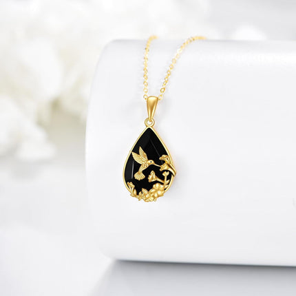 14K Gold Solid 14K Gold Black Onyx Hummingbird Flower Pendant Gothic Necklace