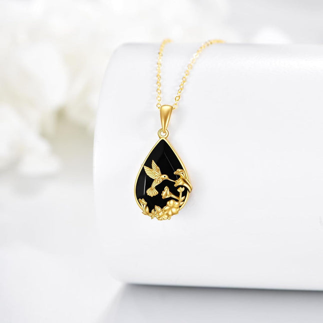 14K Gold Solid 14K Gold Black Onyx Hummingbird Flower Pendant Gothic Necklace