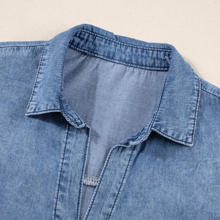 Raw Hem Collared Neck Short Sleeve Denim Dress