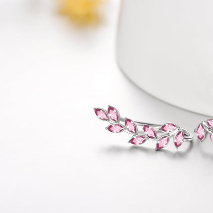 925 Sterling Silver Pink Austrian Crystal Leaf Ear Climber Hypoallergenic Earrings