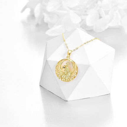 14K Gold Round Cutout Phoenix Bird Charm Pendant Necklace for Women and Girls
