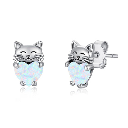 925 Sterling Silver Heart-Shaped Opal Cat Stud Earrings - Adorable Kitty  for Her