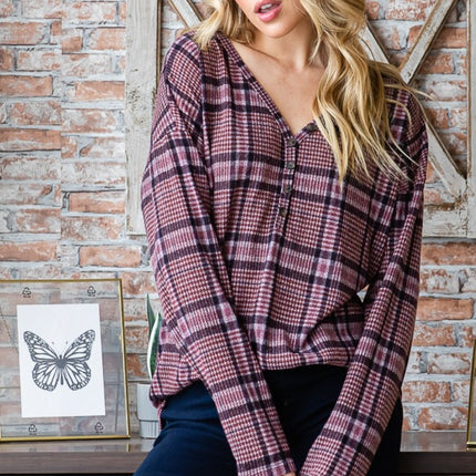 Heimish Full Size Plaid V-Neck Long Sleeve Top