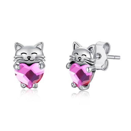 925 Sterling Silver Pink Heart Cat Stud Earrings - Adorable Kitty  for Girls & Women