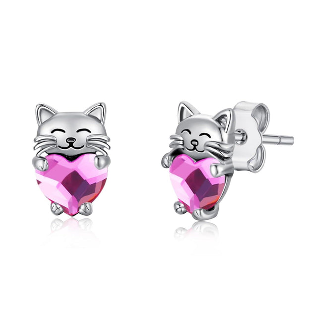 925 Sterling Silver Pink Heart Cat Stud Earrings - Adorable Kitty  for Girls & Women