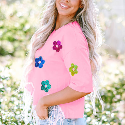 Sequin Flower Round Neck Half Sleeve T-Shirt