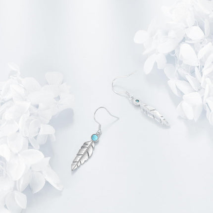 925 Sterling Silver Feather Turquoise Drop Earrings for Women Girls