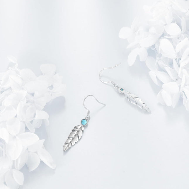 925 Sterling Silver Feather Turquoise Drop Earrings for Women Girls
