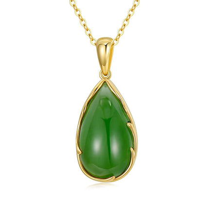 14K Gold Green Jade Tear Drop Pendant Necklace - 16 Chain