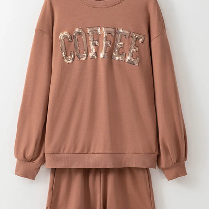 COFFEE Sequin Round Neck Long Sleeve Top and Shorts Set