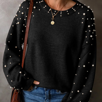 Pearl Detail Round Neck Long Sleeve Sweater