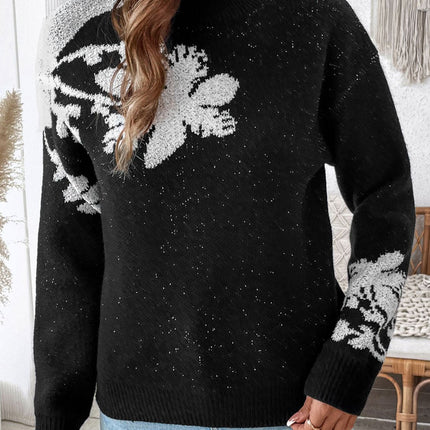 Perfee Flower Mock Neck Long Sleeve Sweater