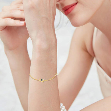 14K Gold Cross & Heart Charm Evil Eye Adjustable Bracelet (Size: S/M/L/XL)