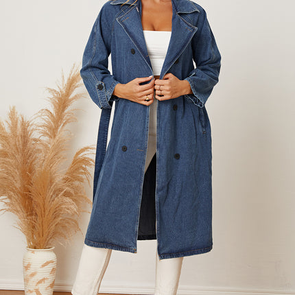 Double-Breasted Belted Longline Denim Jacket